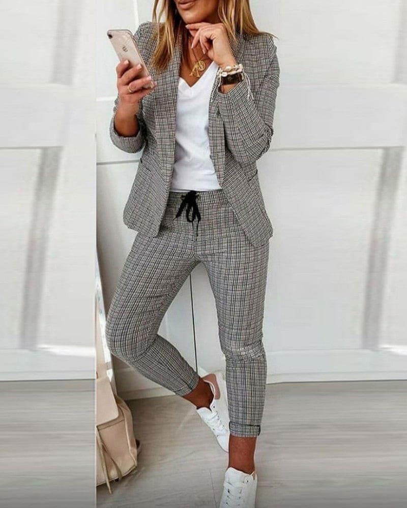 Plaid Blazer and Slim Pants Suit Set