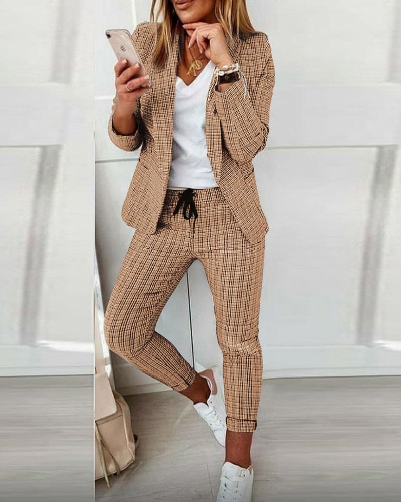 Plaid Blazer and Slim Pants Suit Set