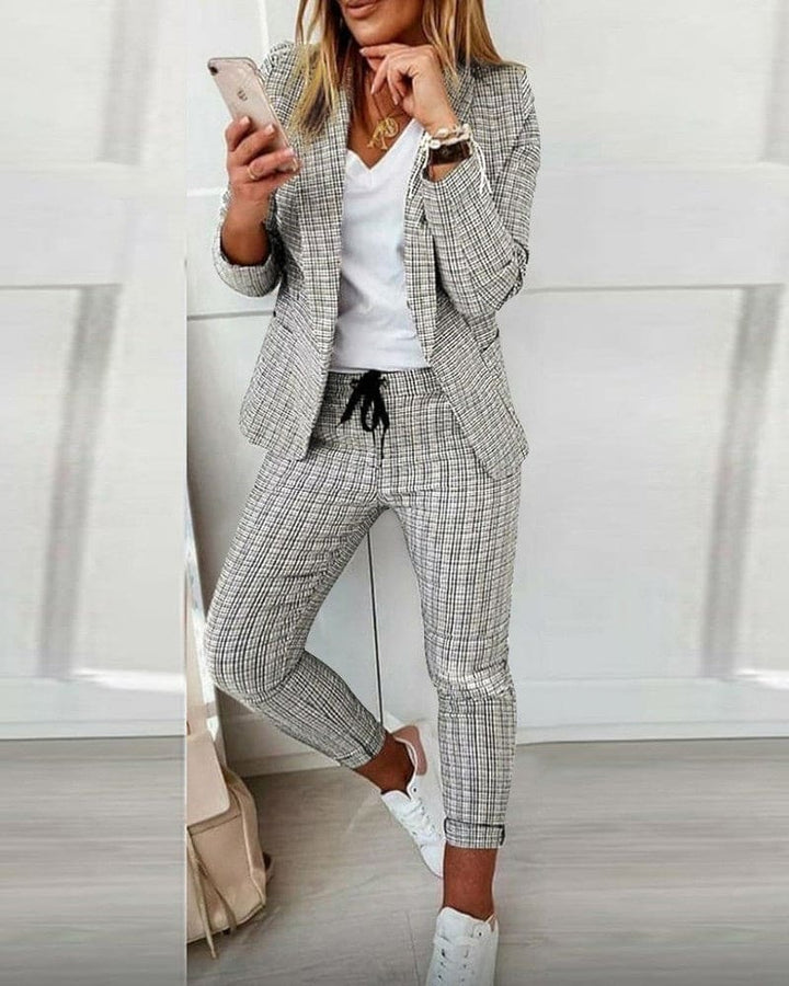 Plaid Blazer and Slim Pants Suit Set