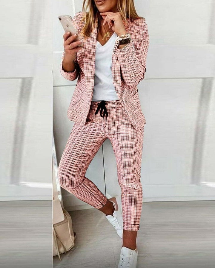 Plaid Blazer and Slim Pants Suit Set
