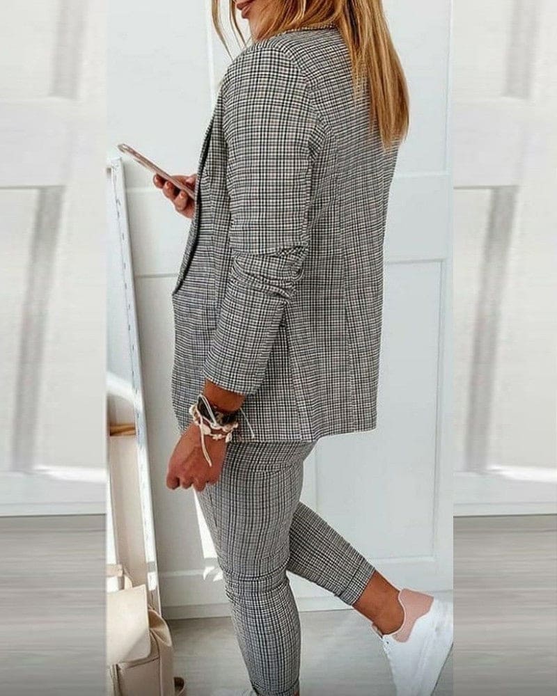 Plaid Blazer and Slim Pants Suit Set