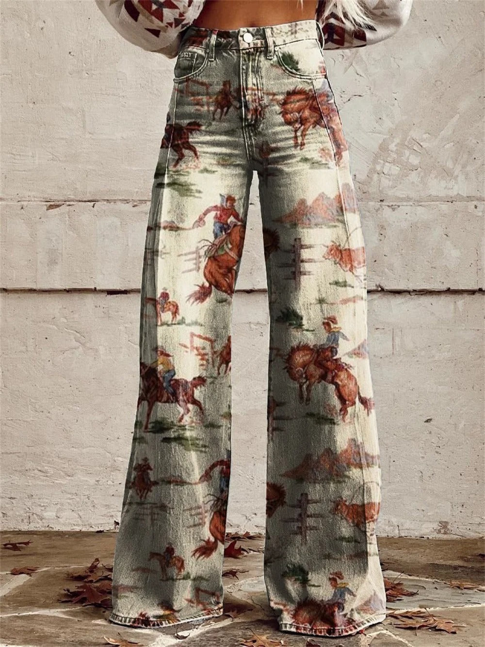 Vintage Print Wide-Leg Pants