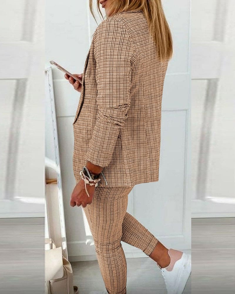 Plaid Blazer and Slim Pants Suit Set