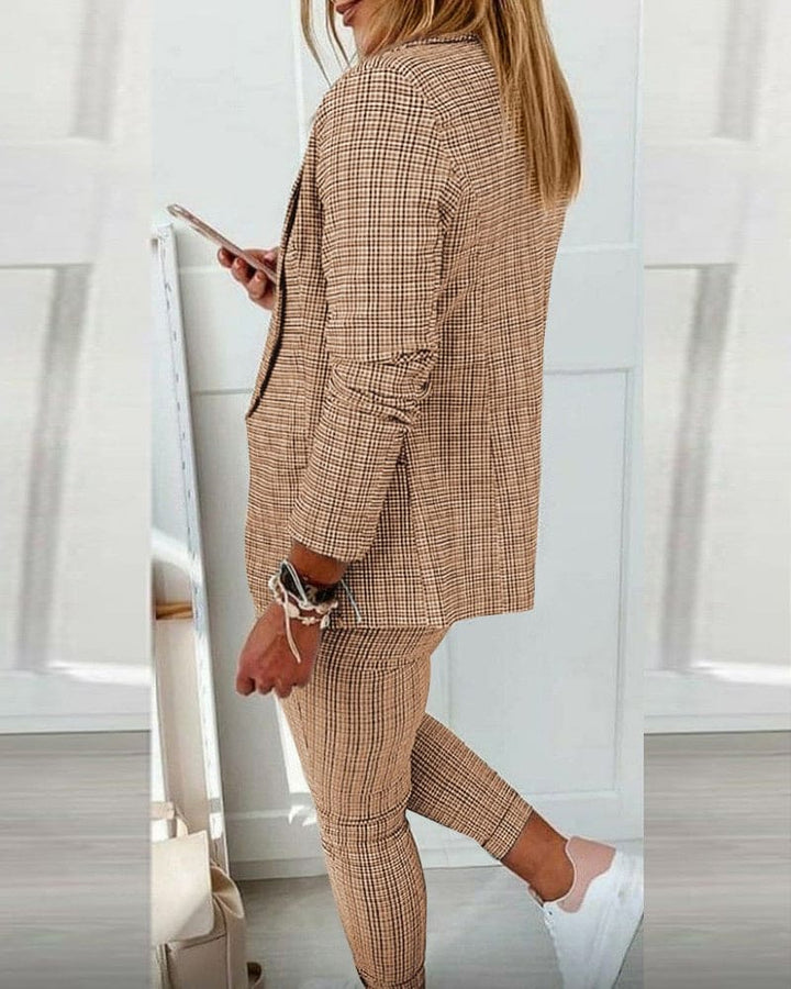 Plaid Blazer and Slim Pants Suit Set