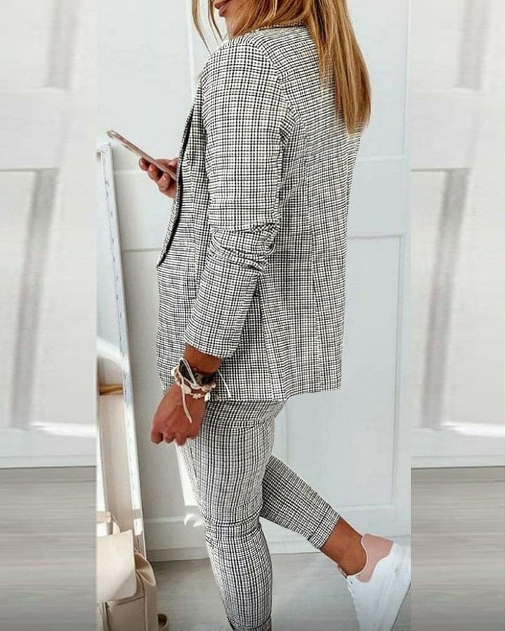 Plaid Blazer and Slim Pants Suit Set