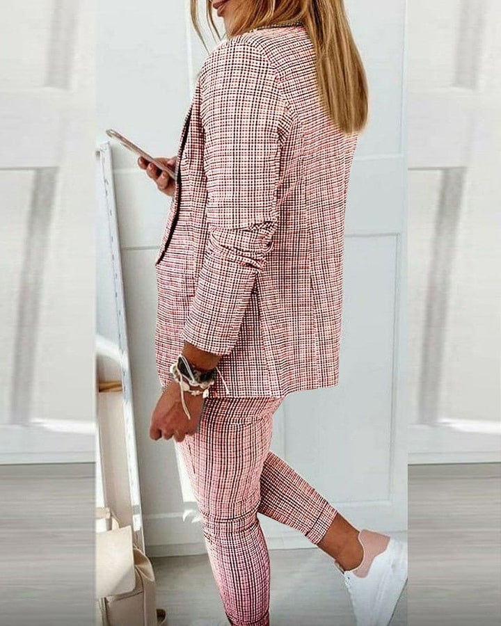 Plaid Blazer and Slim Pants Suit Set