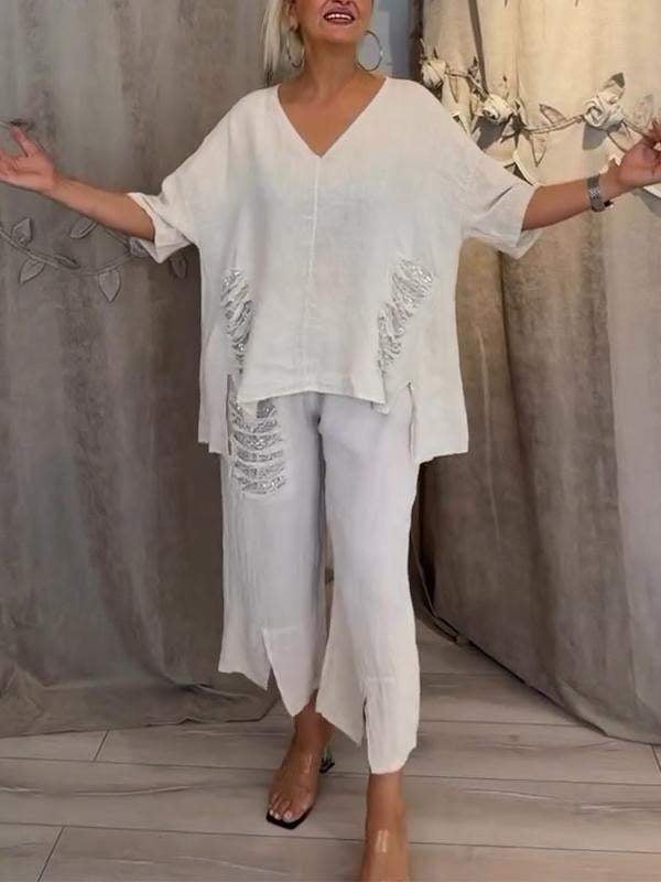 Conjunto de blusa con escote en V y pantalones cortos