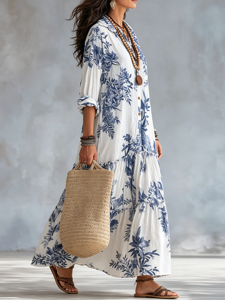 Vestido largo bohemio con volantes y estampado floral