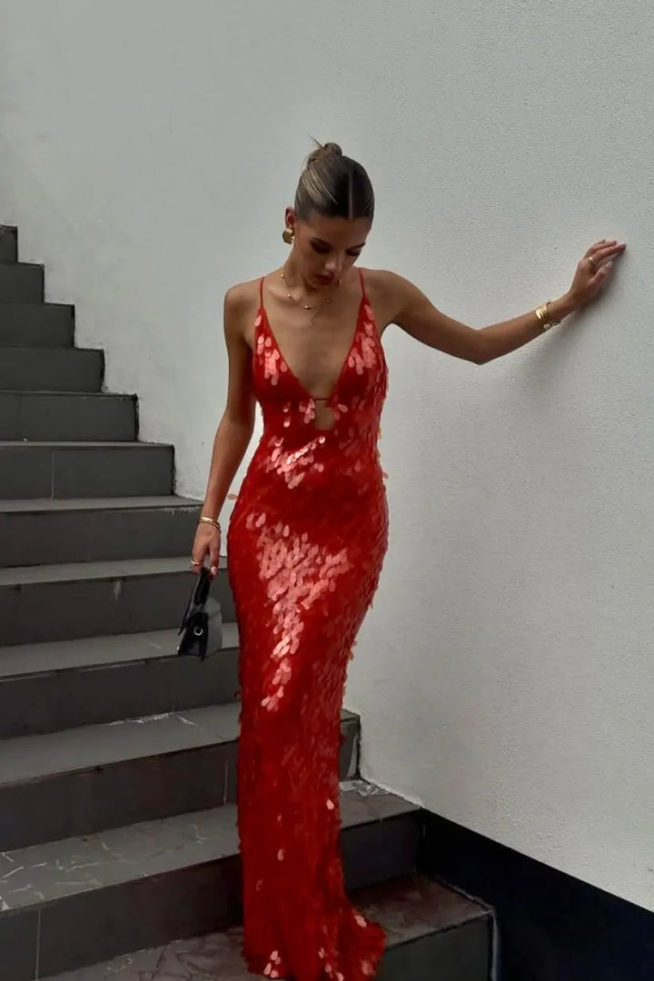 Vestido largo sin espalda con lentejuelas para celebraciones nocturnas