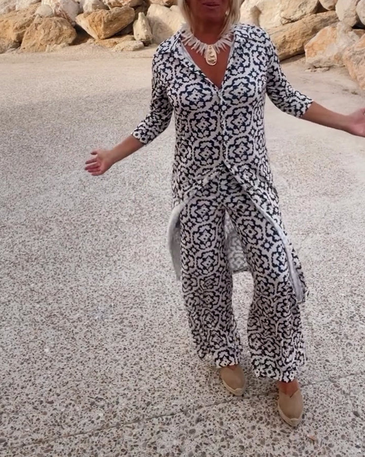 Conjunto de camisa larga estampada y pantalones rectos
