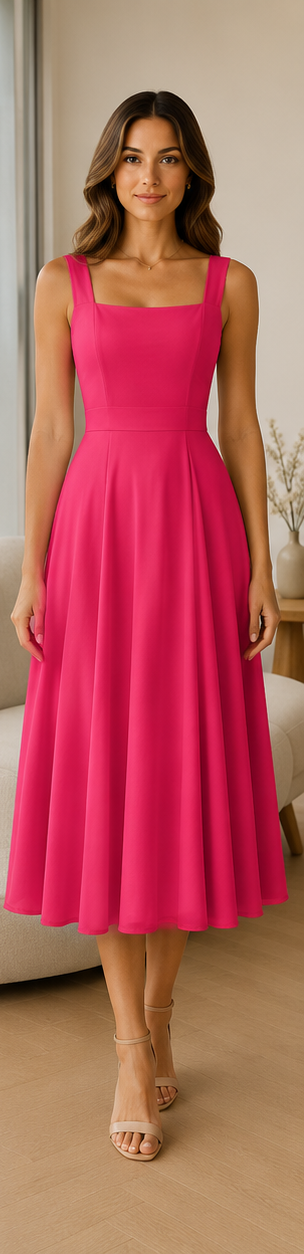 Women's Chic Flattering Long Midi Wedding Guest Dress with Square Neckline