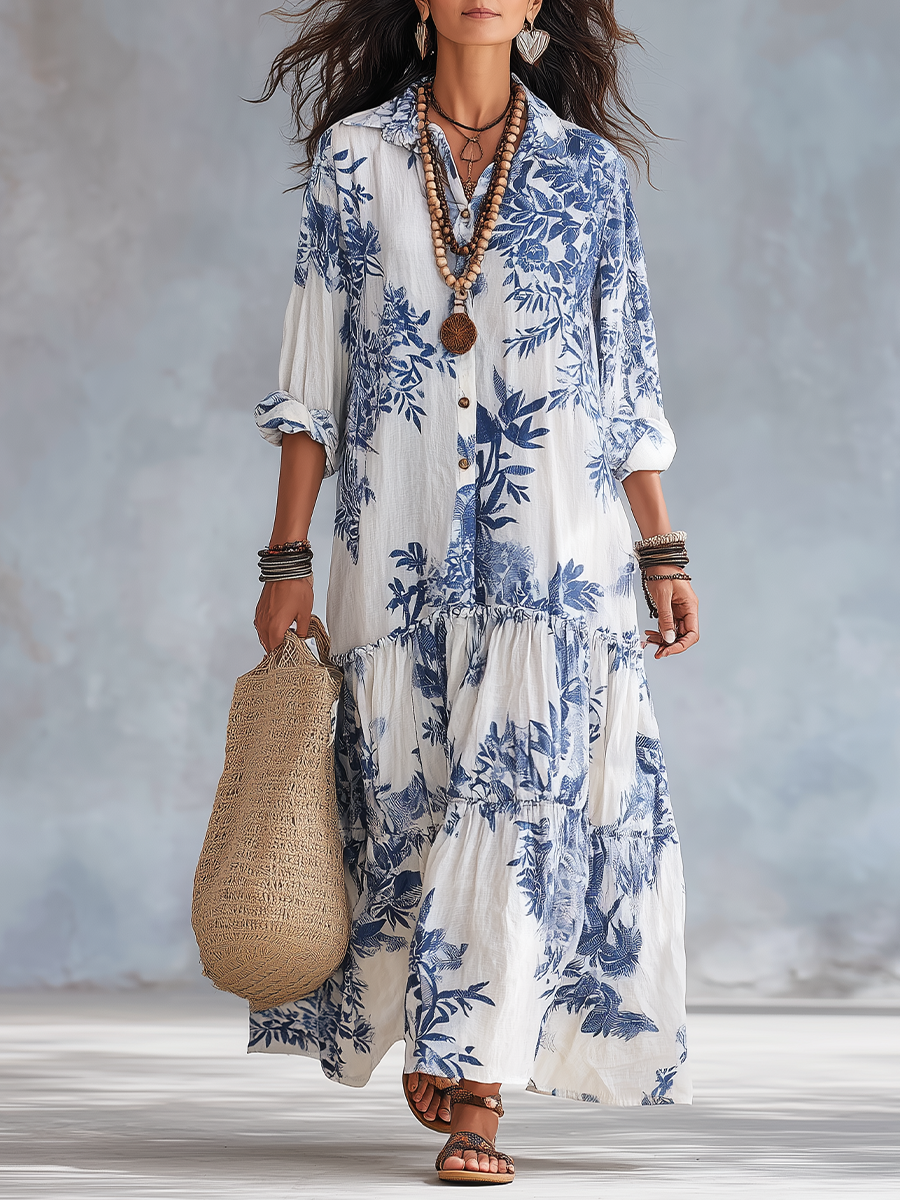Vestido largo bohemio con volantes y estampado floral