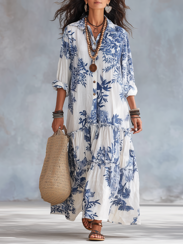 Vestido largo bohemio con volantes y estampado floral
