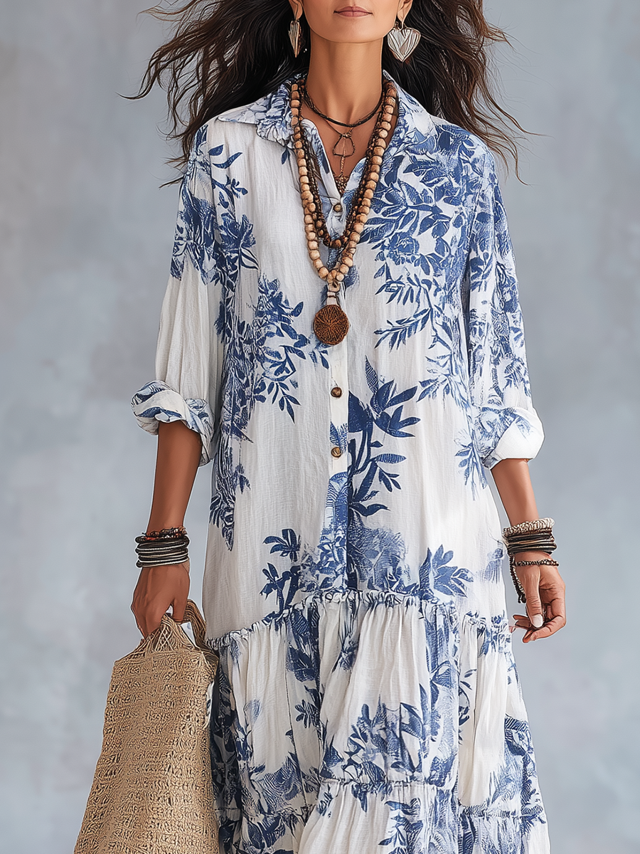 Vestido largo bohemio con volantes y estampado floral