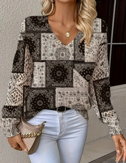 Maglione bohémien con scollo a V e stampa denim