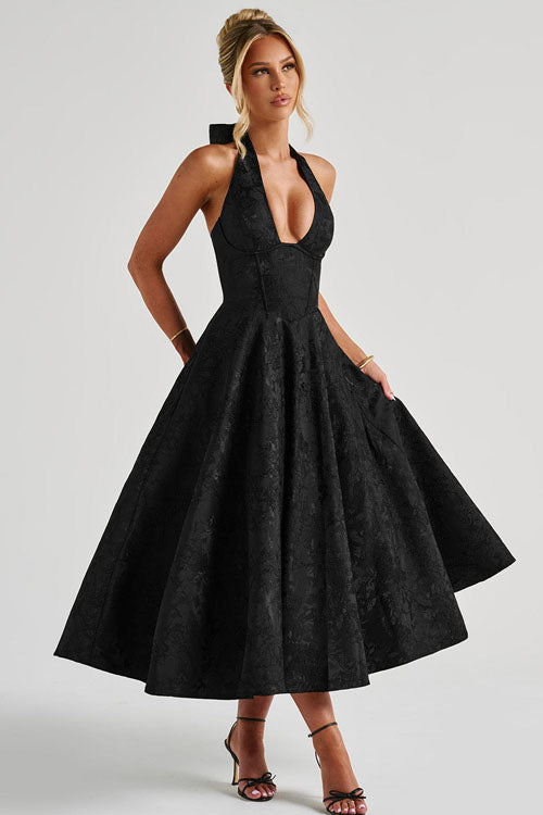 Vestido largo jacquard con escote en V y cuello halter