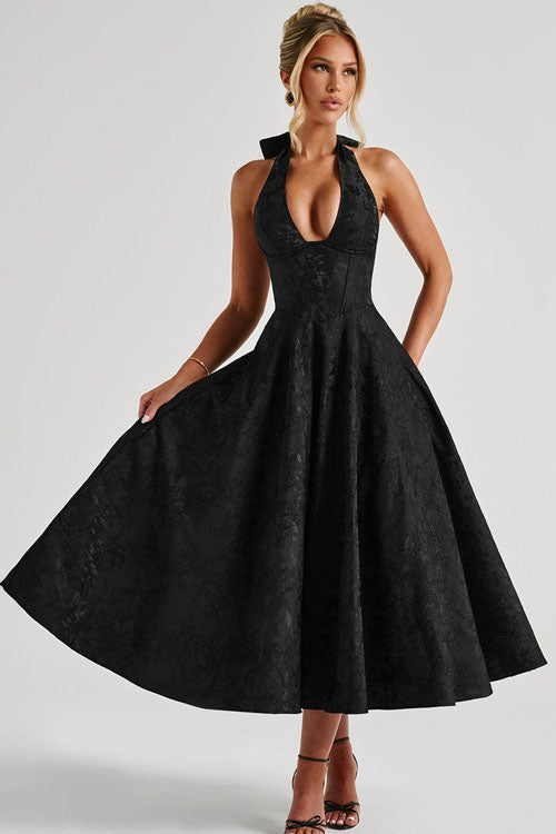 Vestido largo jacquard con escote en V y cuello halter