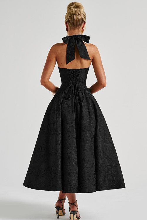 Vestido largo jacquard con escote en V y cuello halter