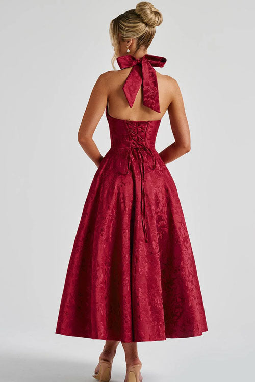 Vestido largo jacquard con escote en V y cuello halter