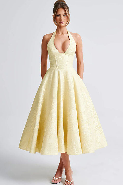 Vestido largo jacquard con escote en V y cuello halter