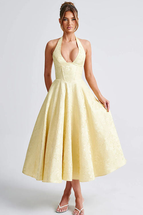 Vestido largo jacquard con escote en V y cuello halter