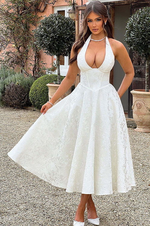 Vestido largo jacquard con escote en V y cuello halter