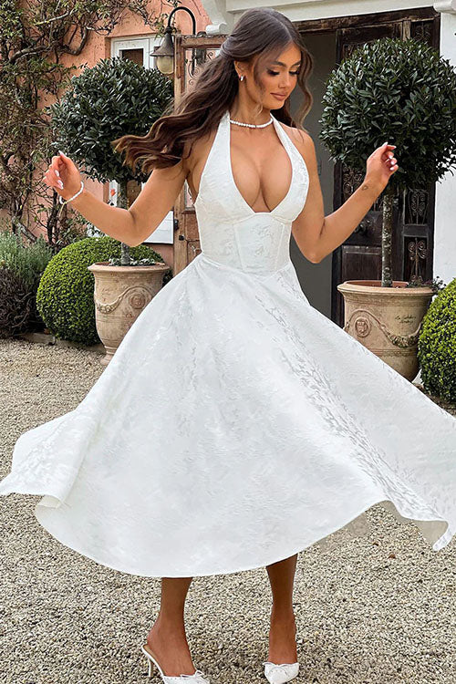 Vestido largo jacquard con escote en V y cuello halter
