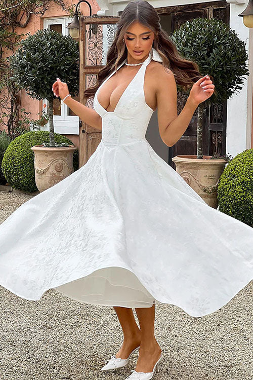 Vestido largo jacquard con escote en V y cuello halter
