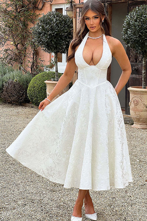 Vestido largo jacquard con escote en V y cuello halter
