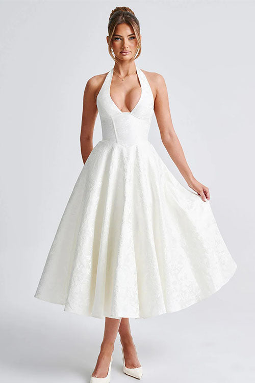 Vestido largo jacquard con escote en V y cuello halter