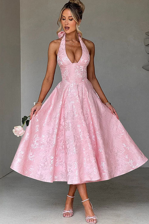 Vestido largo jacquard con escote en V y cuello halter