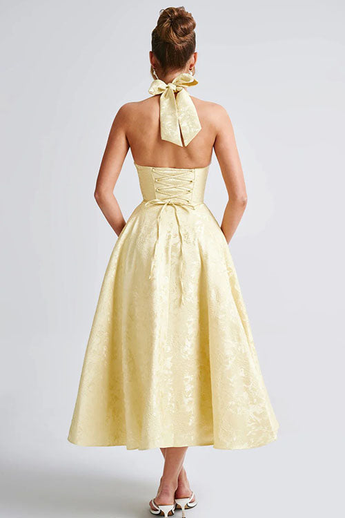 Vestido largo jacquard con escote en V y cuello halter