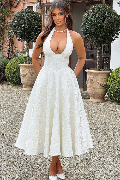 Vestido largo jacquard con escote en V y cuello halter
