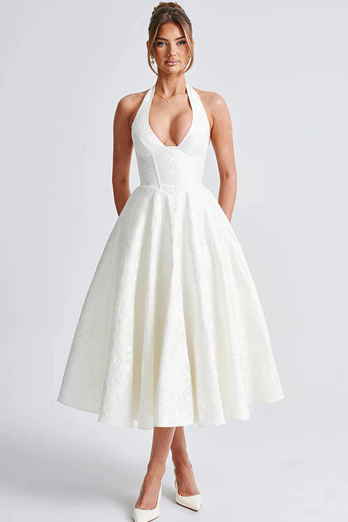 Vestido largo jacquard con escote en V y cuello halter