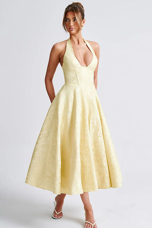Vestido largo jacquard con escote en V y cuello halter