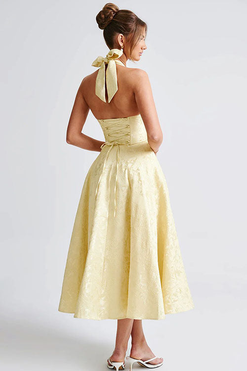 Vestido largo jacquard con escote en V y cuello halter