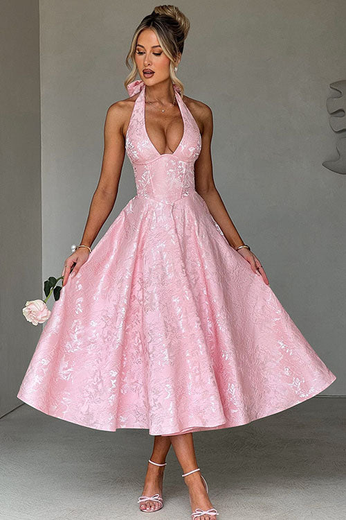 Vestido largo jacquard con escote en V y cuello halter