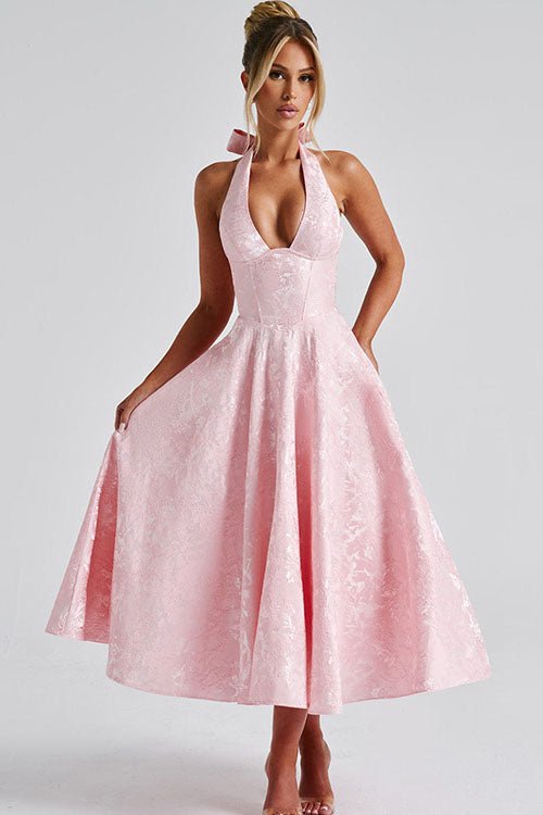 Vestido largo jacquard con escote en V y cuello halter