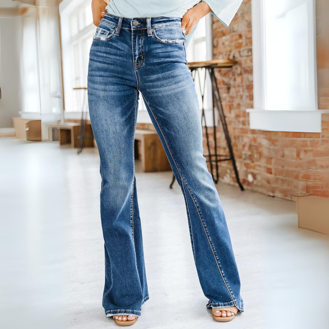 Jeans versátiles y ajustados de mujer de tiro alto y acampanados