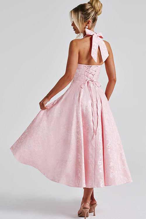 Vestido largo jacquard con escote en V y cuello halter