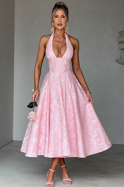 Vestido largo jacquard con escote en V y cuello halter