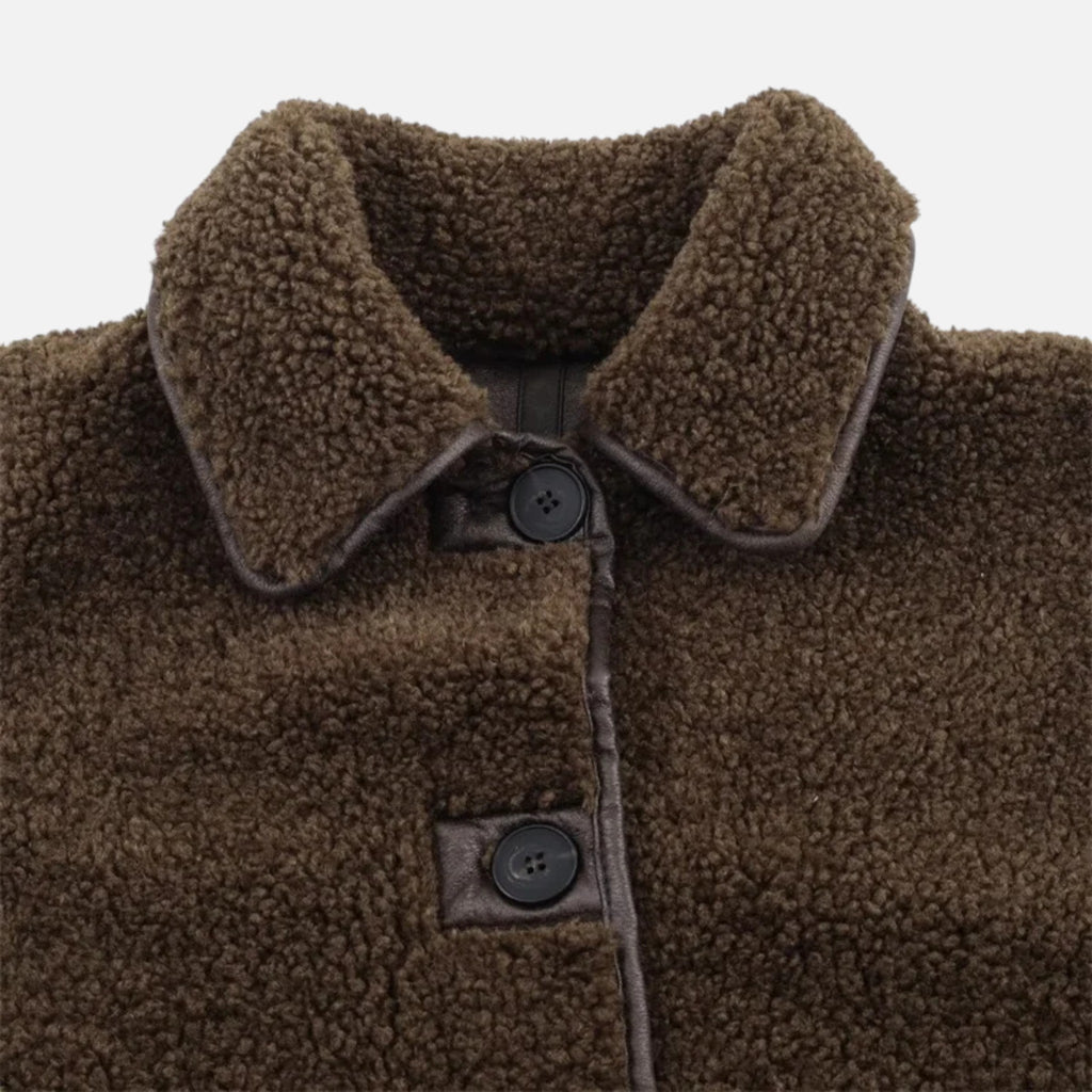 Giacca Teddy Marrone Reversibile da Donna con Colletto Risvoltato