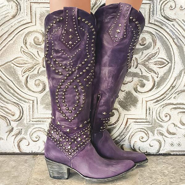 Women's Thick Edgy High Knee High Boots with Side Zipper and Rivet Detail