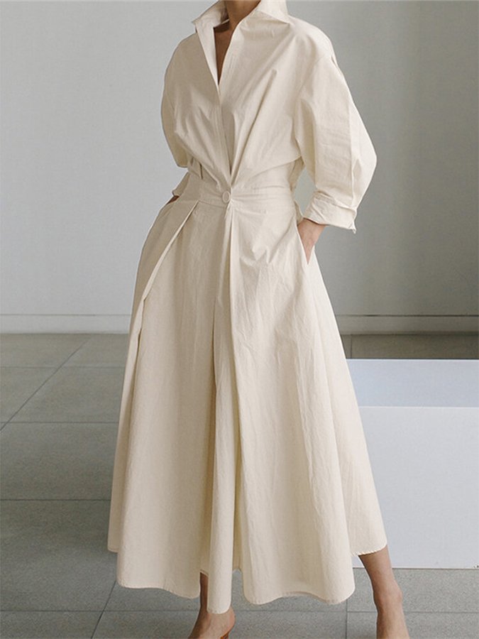 Vestido largo formal de mujer con cinturón y cuello tipo camisa para eventos especiales