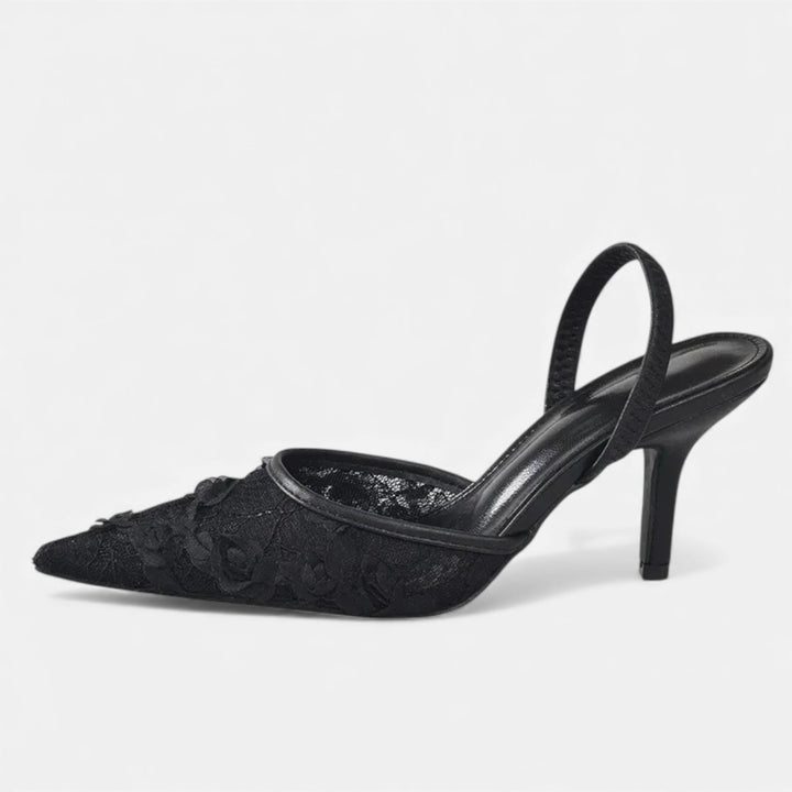 Women’s Elegant Airy Stable Formal Mesh Heels with Embroidered Floral Design