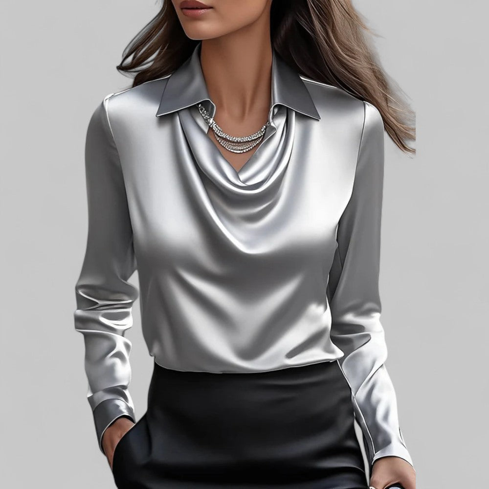 Satin Blouse with Draped Neckline and Long Sleeves