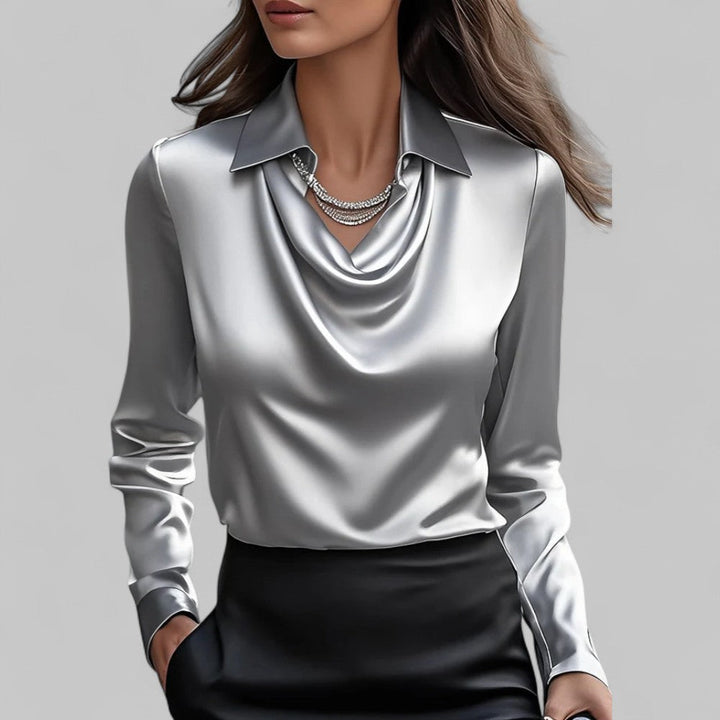 Satin Blouse with Draped Neckline and Long Sleeves