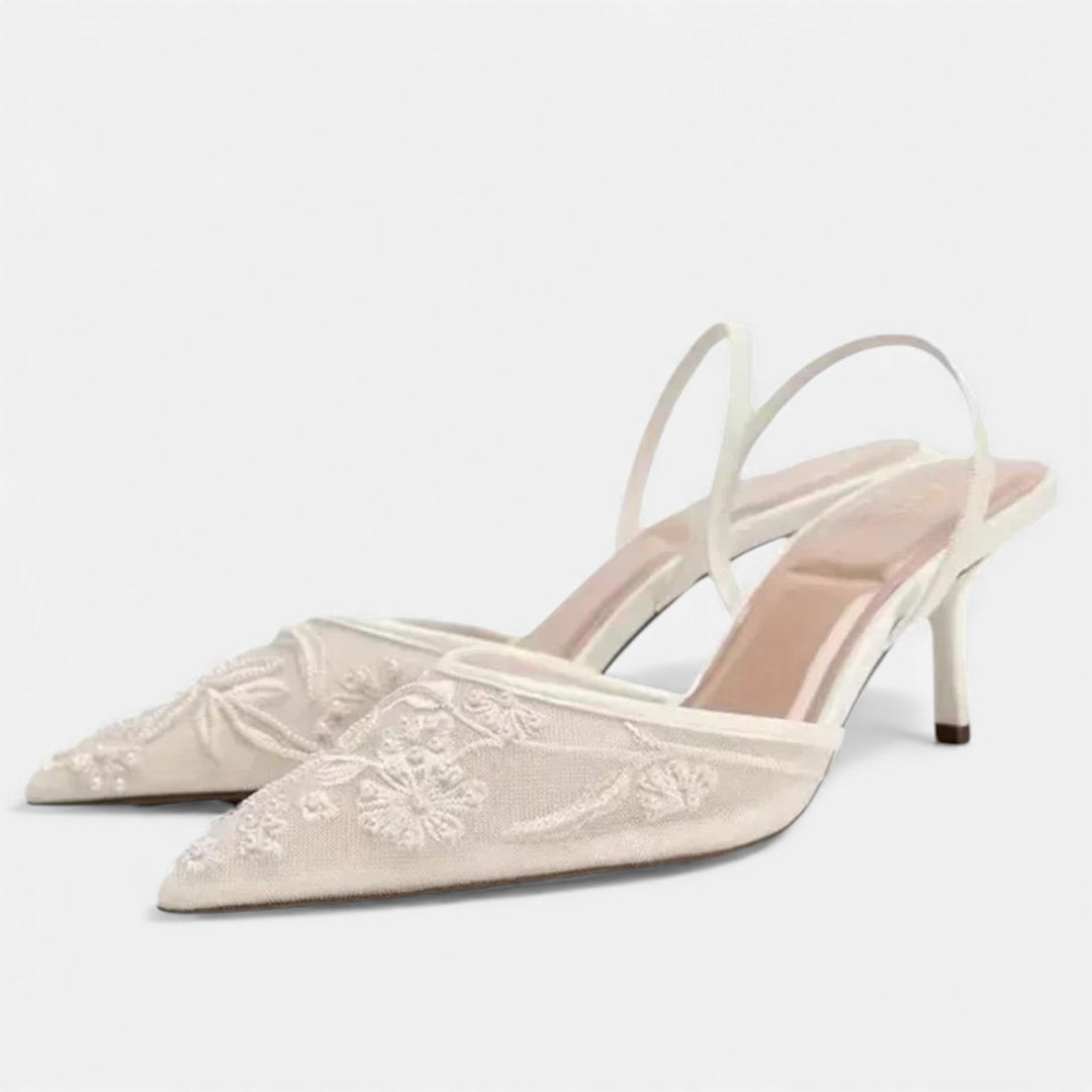 Women’s Elegant Airy Stable Formal Mesh Heels with Embroidered Floral Design