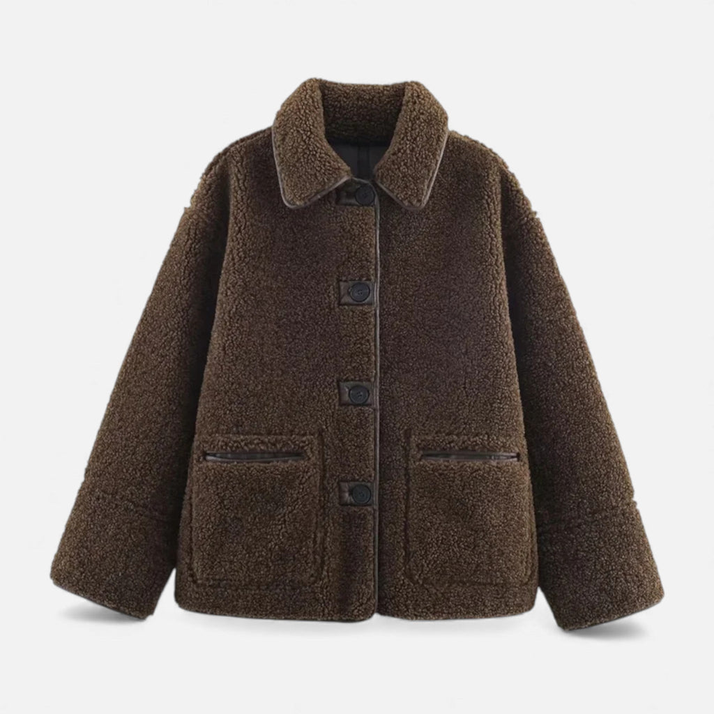 Giacca Teddy Marrone Reversibile da Donna con Colletto Risvoltato