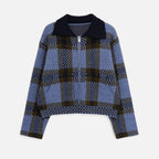 Chaqueta de punto con cremallera para mujer, de cuadros, con cuello vuelto